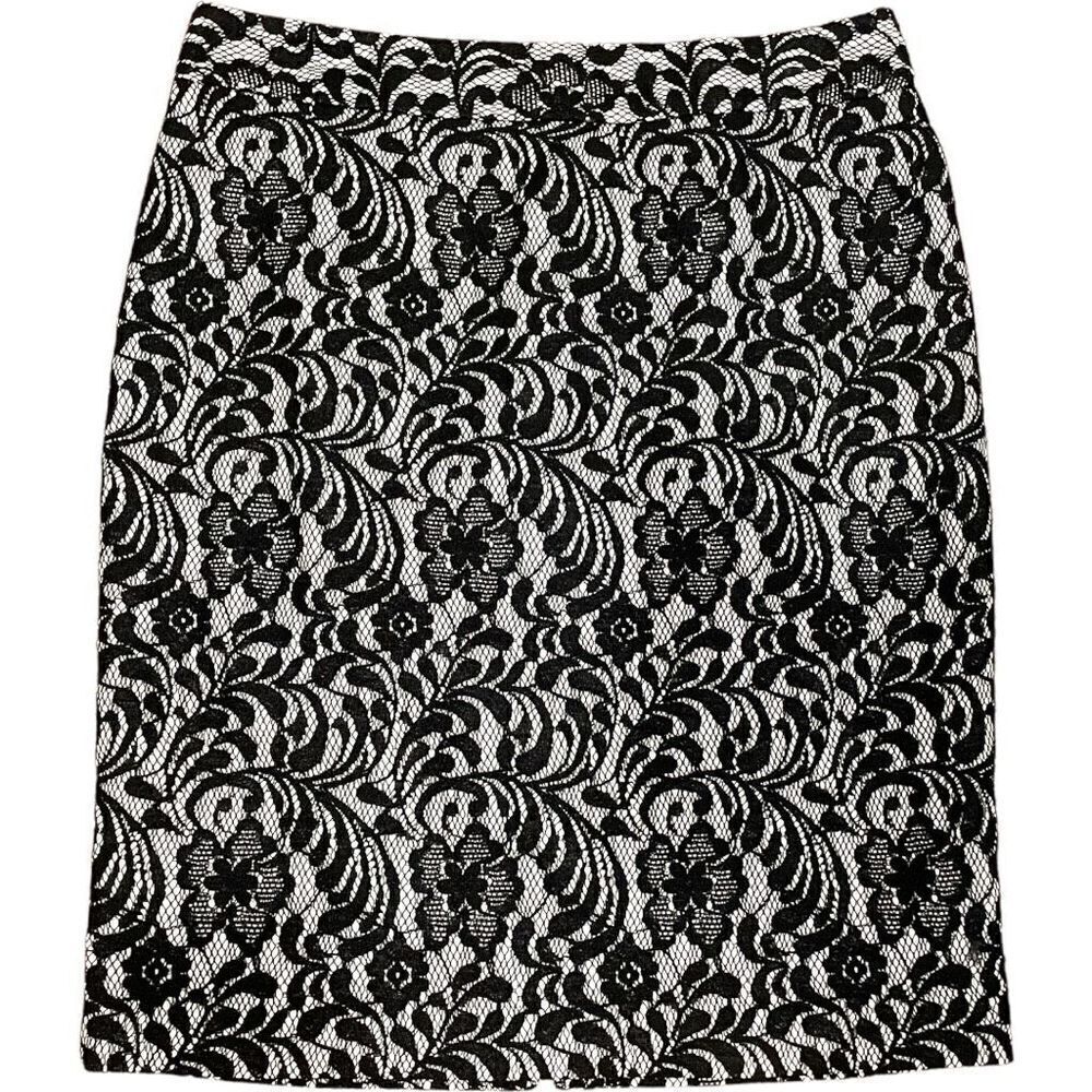 Worthington Womens 4 Straight Pencil Skirt Lace Black White Lined Zip Back NWOT